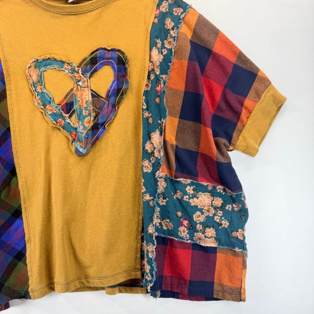 Easel Patchwork Heart Top Oversized Boho Plaid Floral Tunic Small - Picture 8 of 14